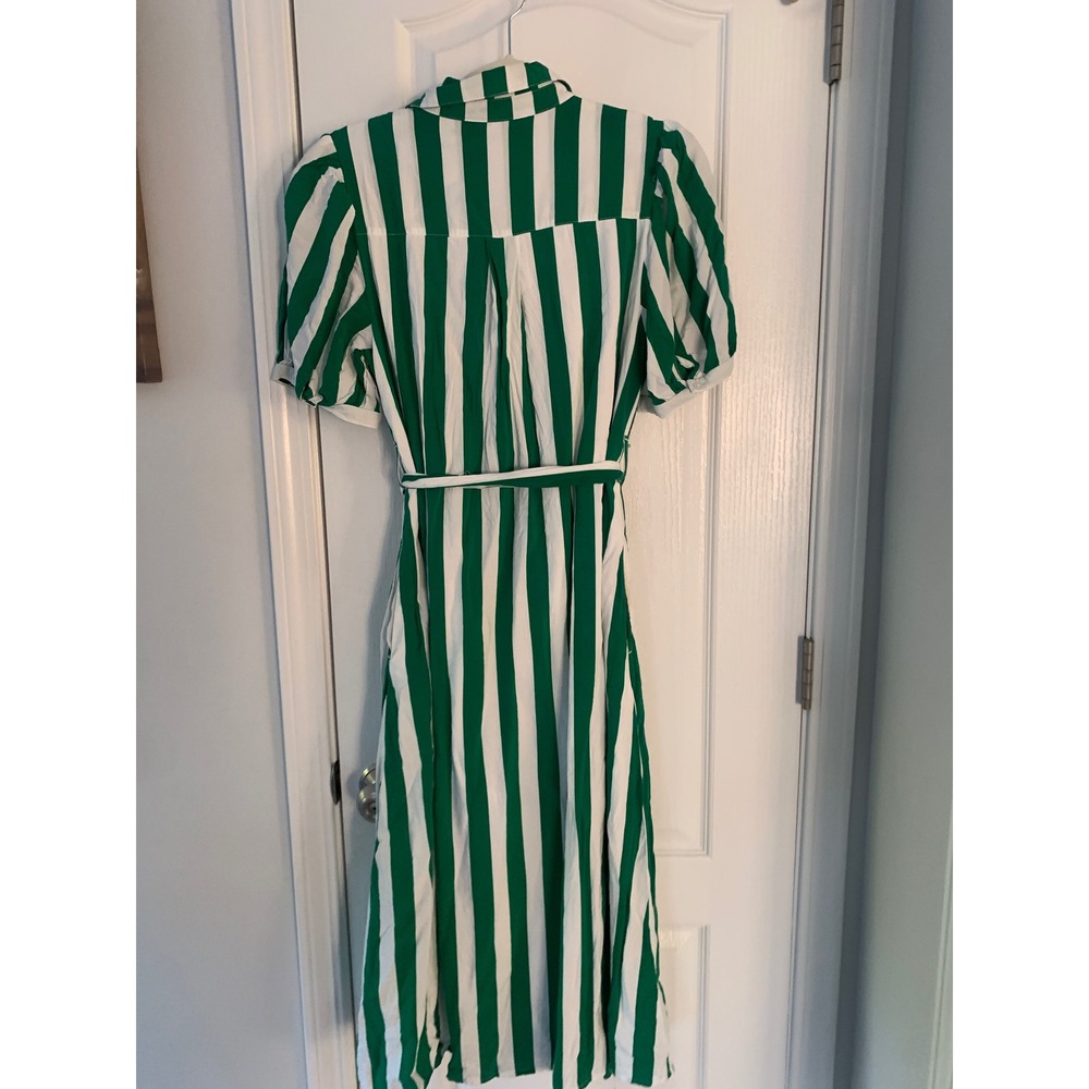 Crown & Ivy Green White Striped Midi Shirt Dress Puff Sleeve Belted Pockets L - Picture 7 of 11